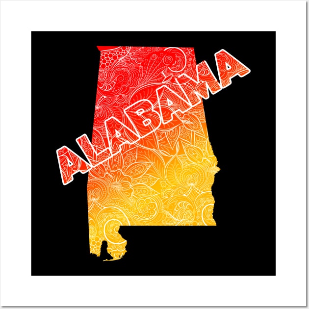 Colorful mandala art map of Alabama with text in red and orange Wall Art by Happy Citizen